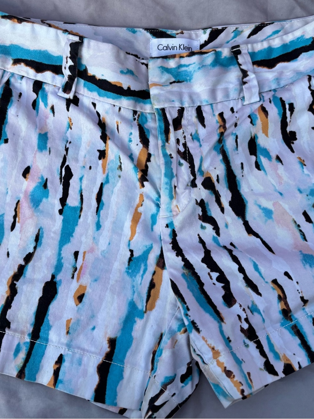 Calvin Klein Blue, Black & Tan Abstract Print Jean Shorts